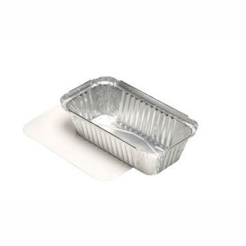 Barquettes aluminium avec couvercle en carton laminé, PE rectangulaire 0,7 l 4,9 cm x 10,3 cm x 19,5 cm