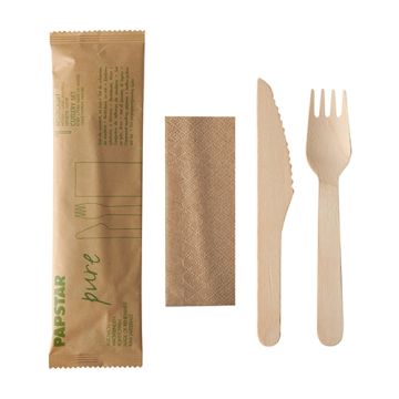 Set de couverts en bois "pur" nature : couteau, fourchette, serviette en sachet papier