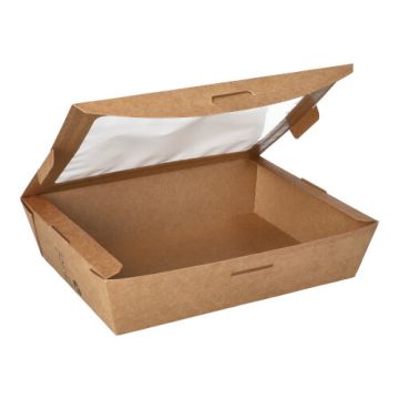 Boîtes alimentaires, en carton, avec fenêtre transparente en PLA "pure" rectangulaire 1000 ml 4,5 cm x 19,5 cm x 15 cm marron "100% Fair"