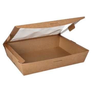 Boîtes alimentaires, en carton, avec fenêtre transparente en PLA "pure" rectangulaire 1500 ml 18 cm x 22,5 cm x 4,5 cm marron "100% Fair"