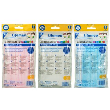 "Lifemed" Masque pour enfant 3 couches 9,5 cm x 14,5 cm couleurs assorties avec pince nasale