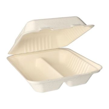 Boîtes repas, canne à sucre "pure" 2 compartiments 7,7 cm x 20 cm x 22 cm blanc