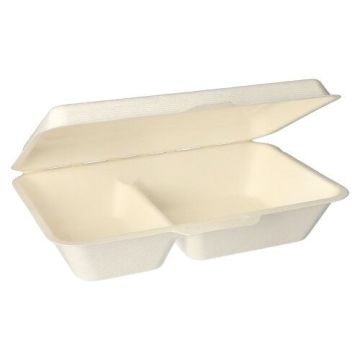 Boîtes repas, canne à sucre "pure" 2 compartiments 6,5 cm x 24 cm x 15,5 cm blanc