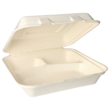 Boîtes repas, canne à sucre "pure" 3 compartiments 8 cm x 24 cm x 24 cm blanc