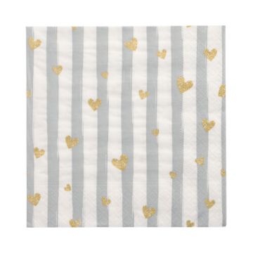 Serviettes, 3 plis pliage 1/4 33 cm x 33 cm gris "Golden Hearts"