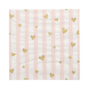 Serviettes, 3 plis pliage 1/4 33 cm x 33 cm rose "Golden Hearts"