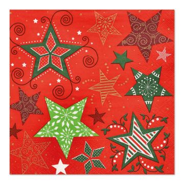 Serviettes, 3 plis pliage 1/4 33 cm x 33 cm rouge "Heavenly Stars"