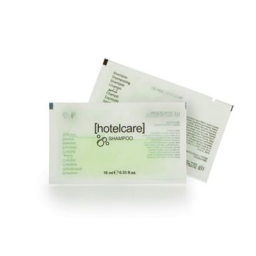 Shampooing "Hotel Care" 10 ml transparent en sachet. Les produits d´Hopal sont 100% recyclables.