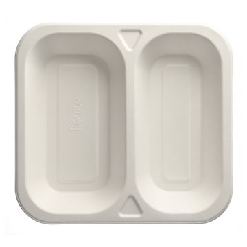 Plateaux à thermosceller en canne à sucre 2 compartiments 1250 ml 4,2 cm x 24,5 cm x 26,5 cm blanc