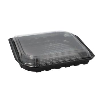 Plats à Sushi R-PET rectangulaire 21 cm x 18 cm x 4,3 cm noir avec couvercle transparent